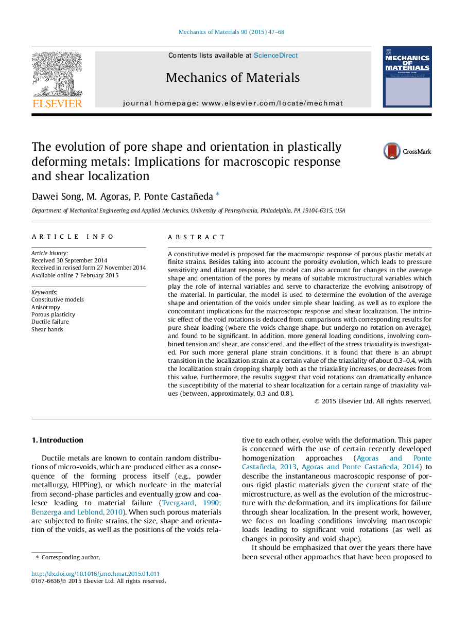 The evolution of pore shape and orientation in plastically deforming metals: Implications for macroscopic response and shear localization