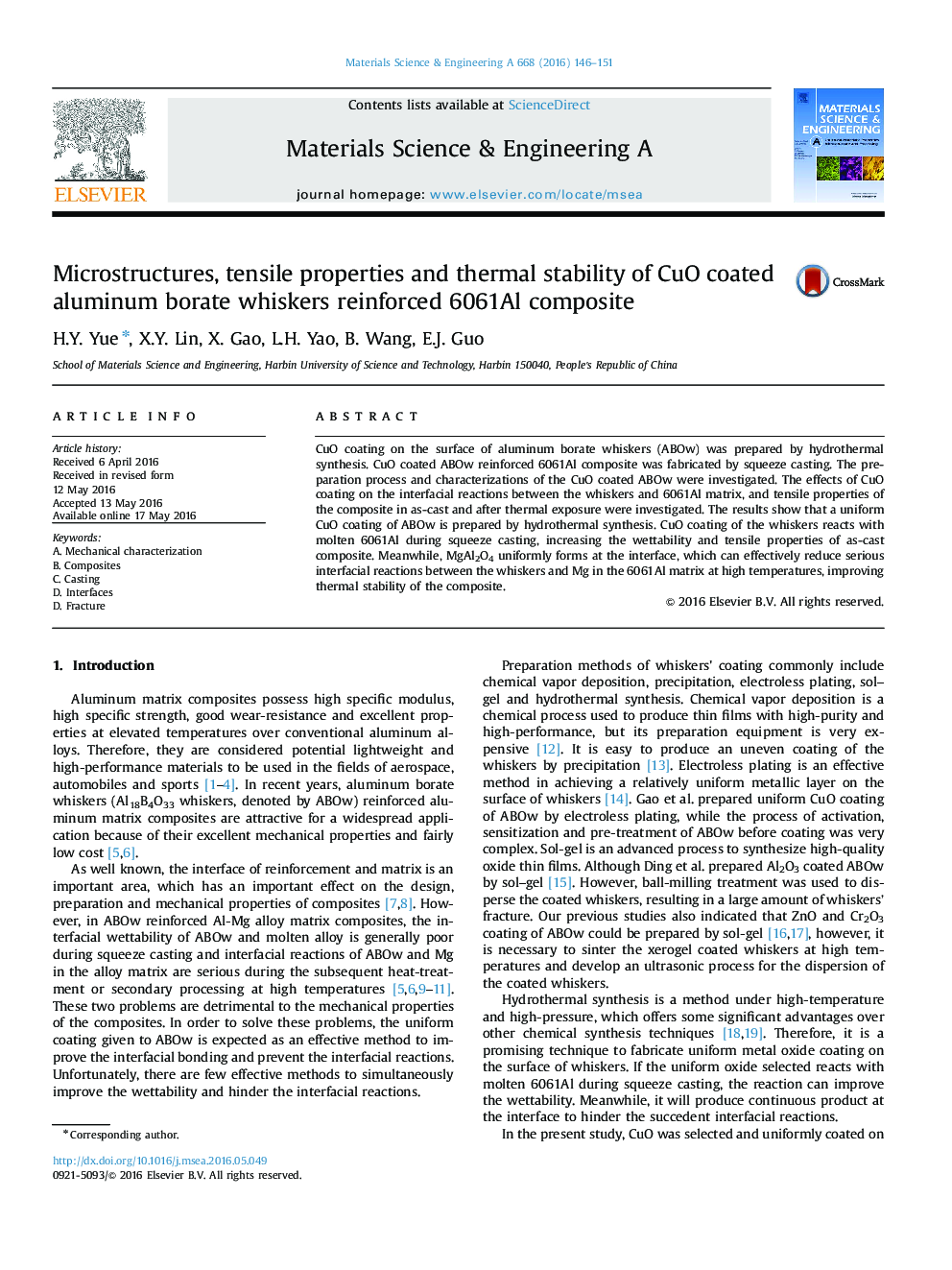 Microstructures, tensile properties and thermal stability of CuO coated aluminum borate whiskers reinforced 6061Al composite