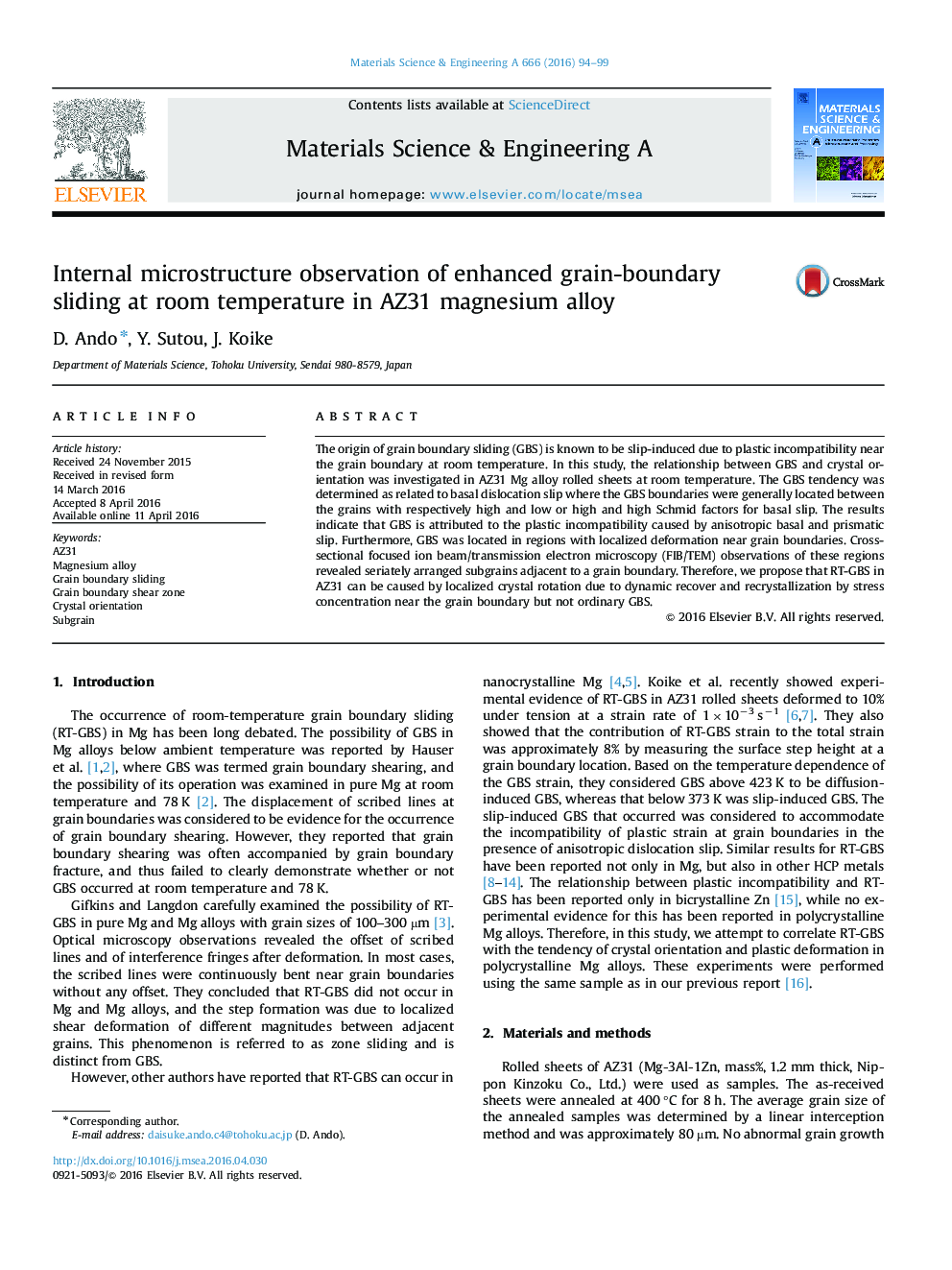 Internal microstructure observation of enhanced grain-boundary sliding at room temperature in AZ31 magnesium alloy