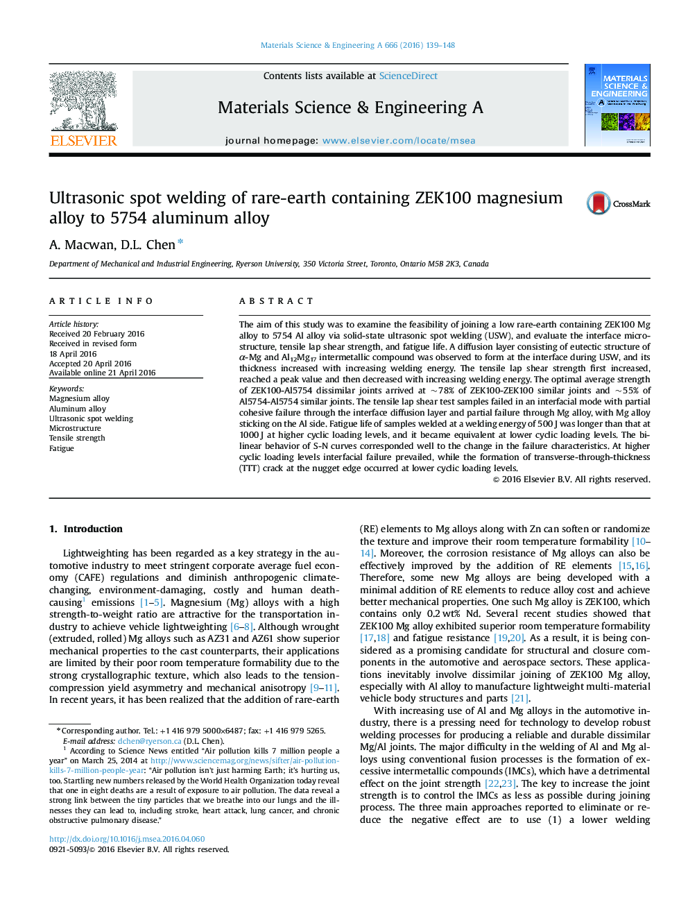 Ultrasonic spot welding of rare-earth containing ZEK100 magnesium alloy to 5754 aluminum alloy