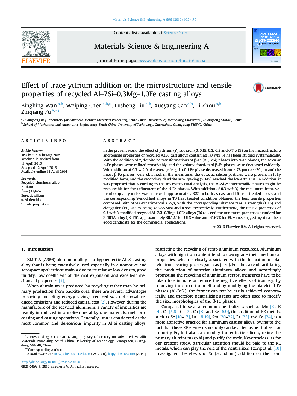 Effect of trace yttrium addition on the microstructure and tensile properties of recycled Al-7Si-0.3Mg-1.0Fe casting alloys