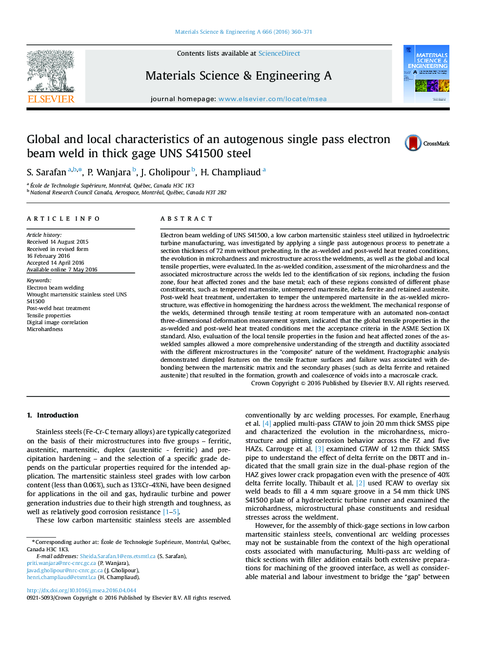 Global and local characteristics of an autogenous single pass electron beam weld in thick gage UNS S41500 steel