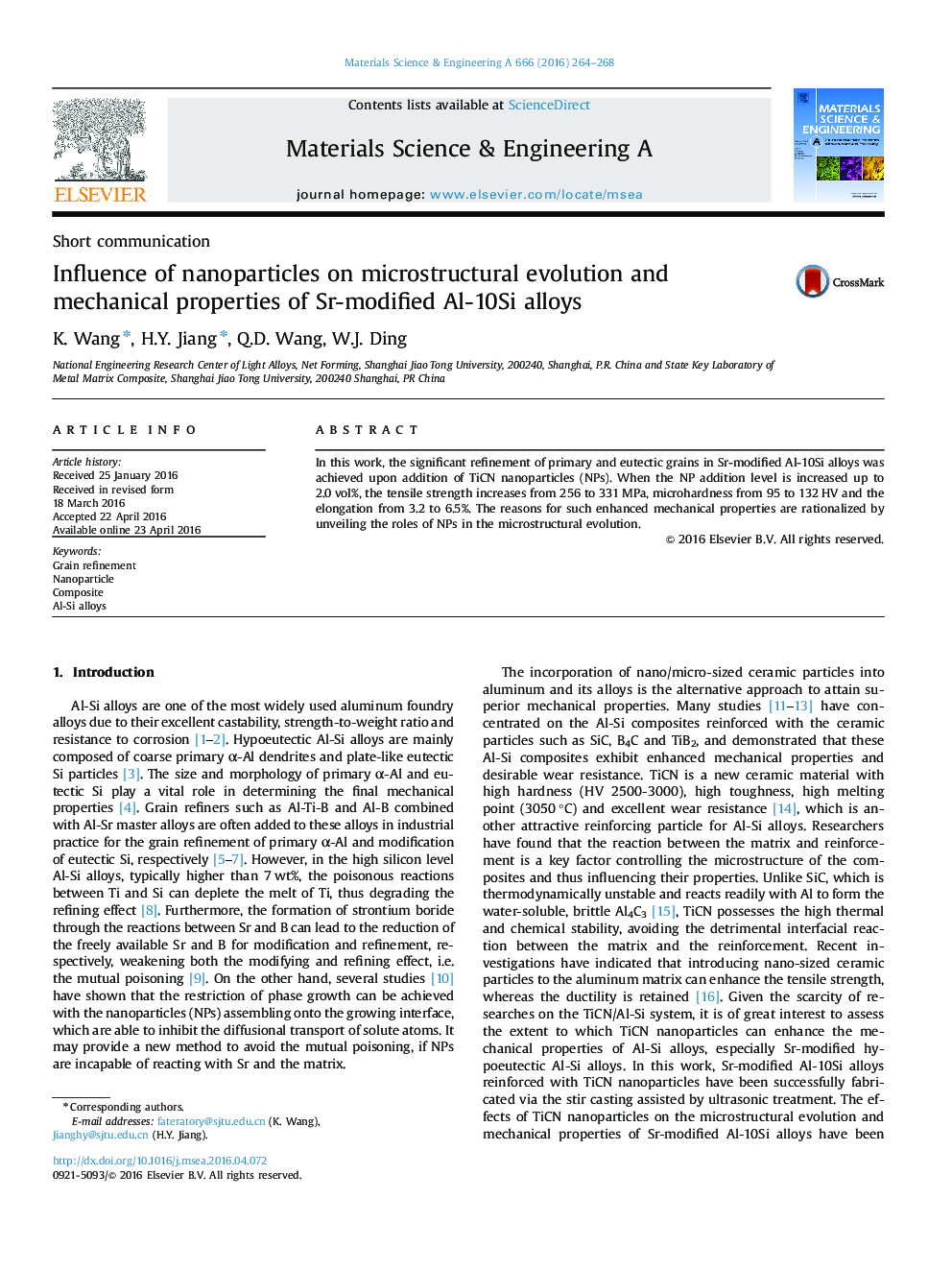 Influence of nanoparticles on microstructural evolution and mechanical properties of Sr-modified Al-10Si alloys