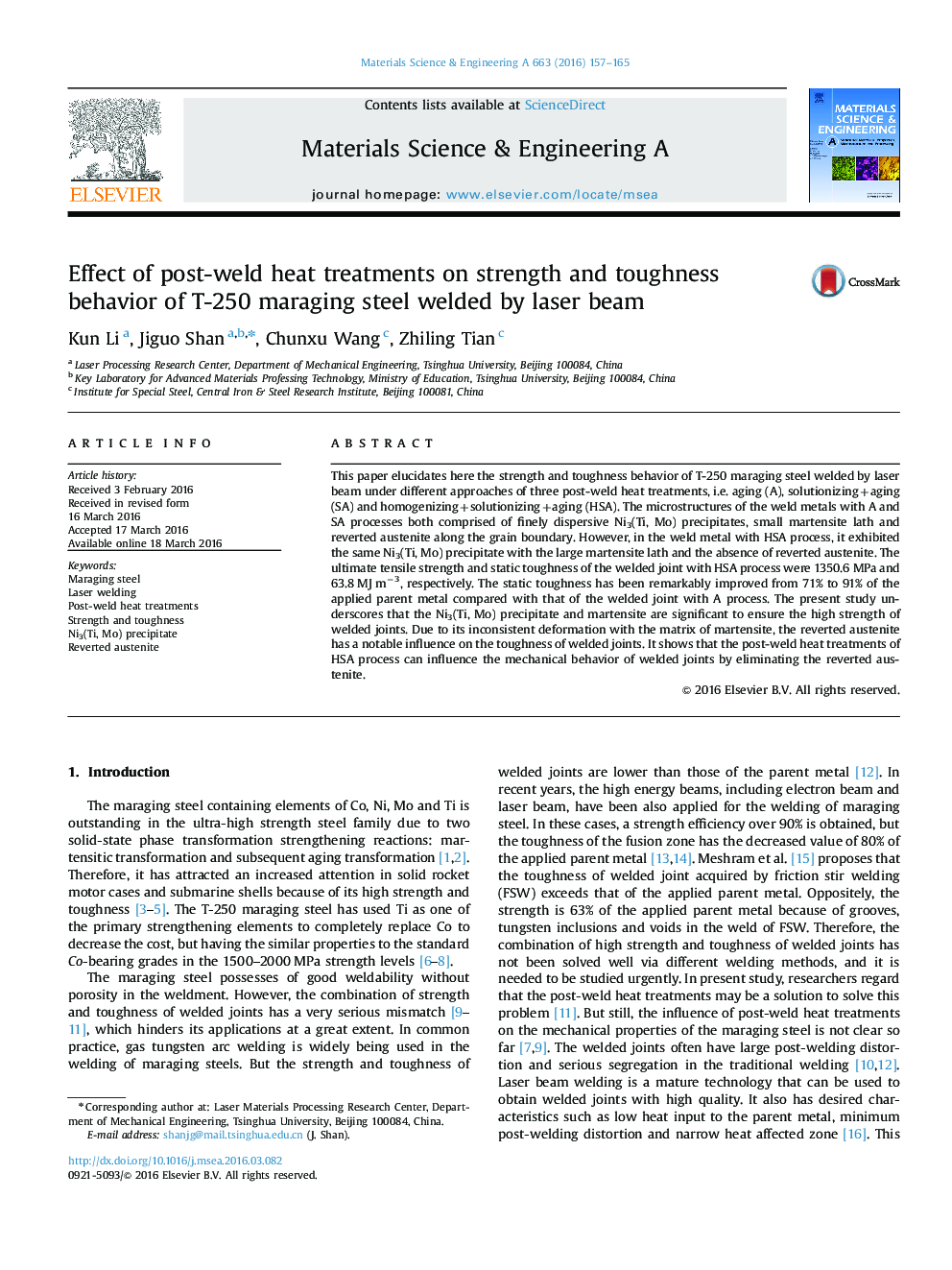 Effect of post-weld heat treatments on strength and toughness behavior of T-250 maraging steel welded by laser beam