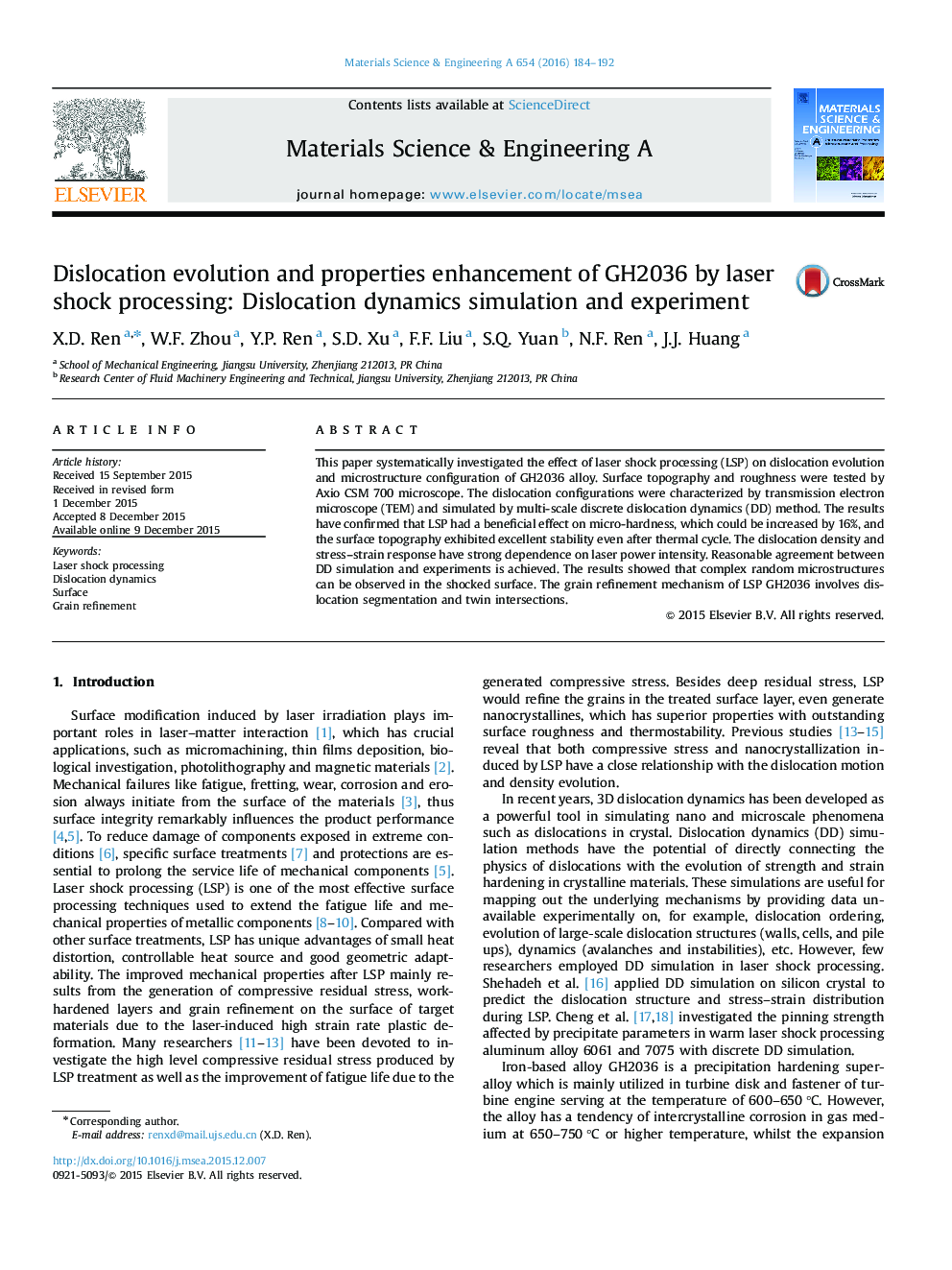 Dislocation evolution and properties enhancement of GH2036 by laser shock processing: Dislocation dynamics simulation and experiment