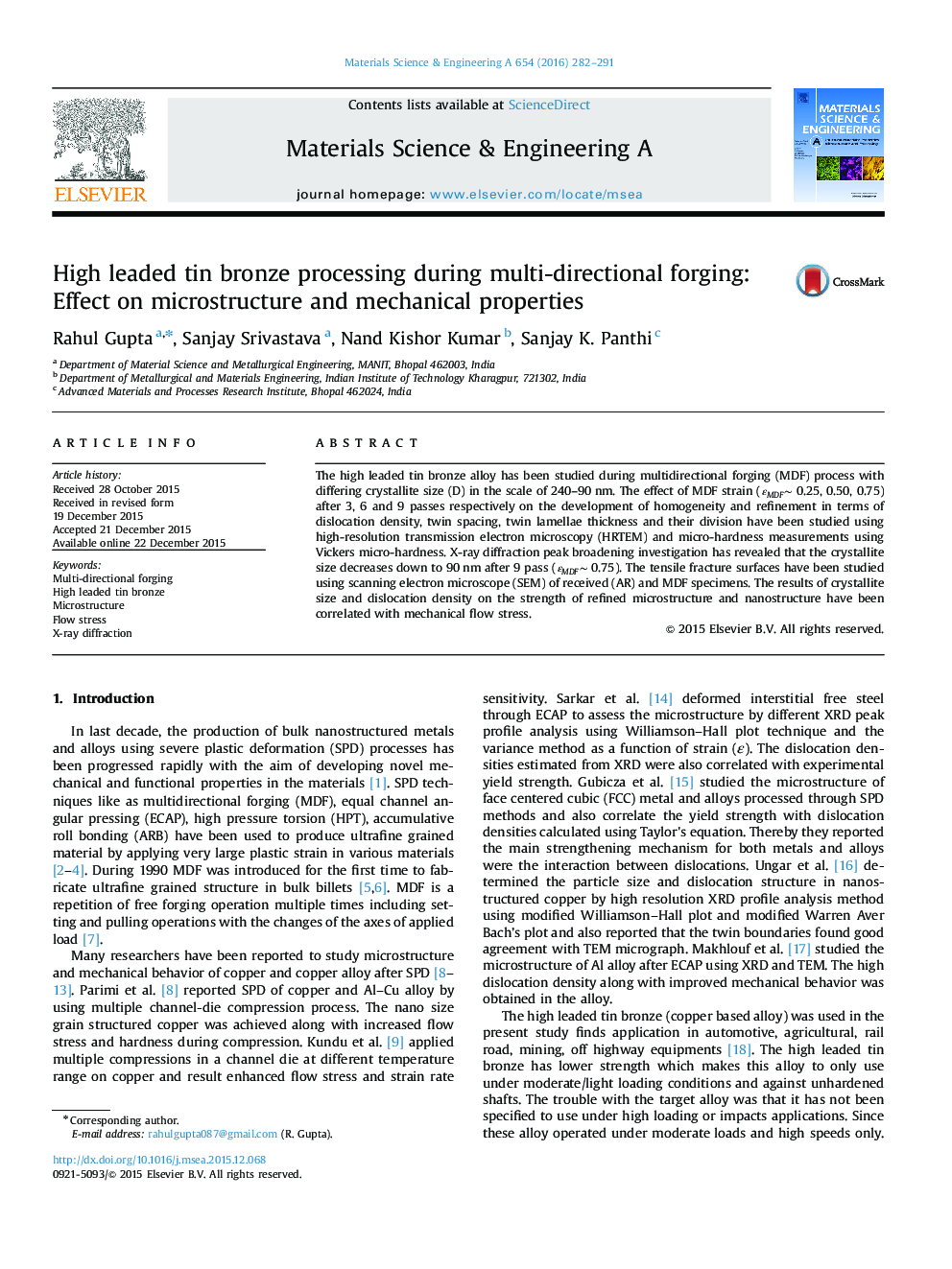 High leaded tin bronze processing during multi-directional forging: Effect on microstructure and mechanical properties