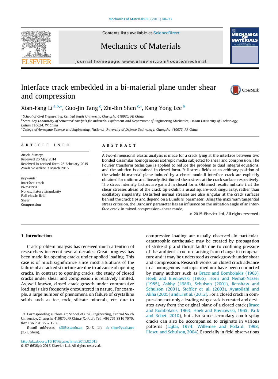 Interface crack embedded in a bi-material plane under shear and compression