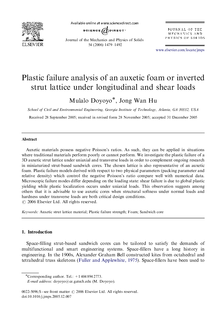 Plastic failure analysis of an auxetic foam or inverted strut lattice under longitudinal and shear loads