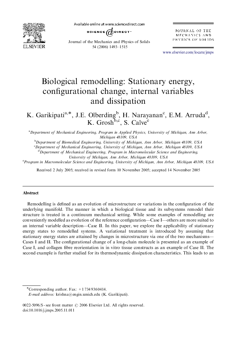 Biological remodelling: Stationary energy, configurational change, internal variables and dissipation