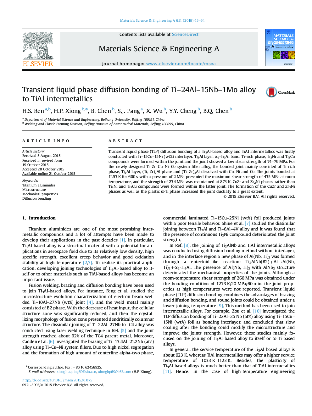 Transient liquid phase diffusion bonding of Ti-24Al-15Nb-1Mo alloy to TiAl intermetallics