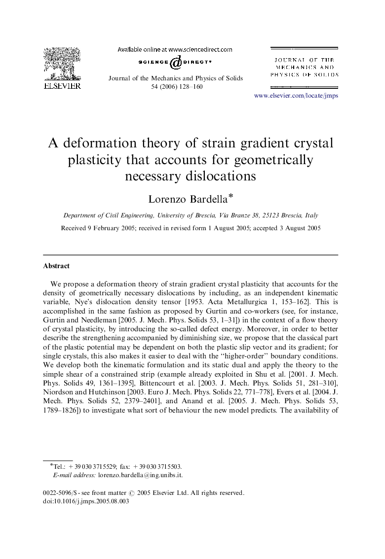 A deformation theory of strain gradient crystal plasticity that accounts for geometrically necessary dislocations