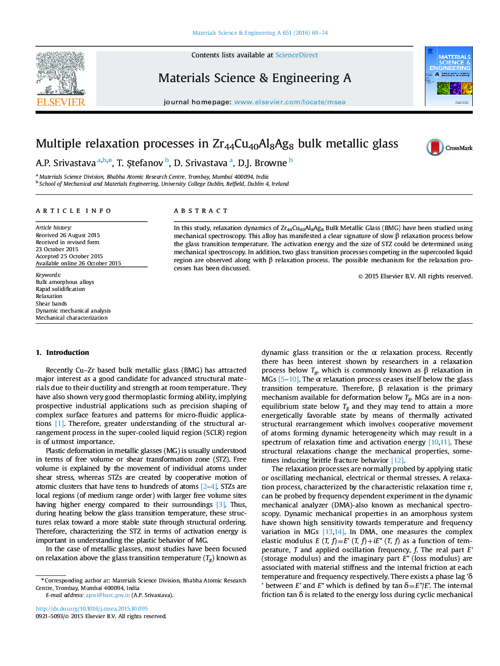 Multiple relaxation processes in Zr44Cu40Al8Ag8 bulk metallic glass