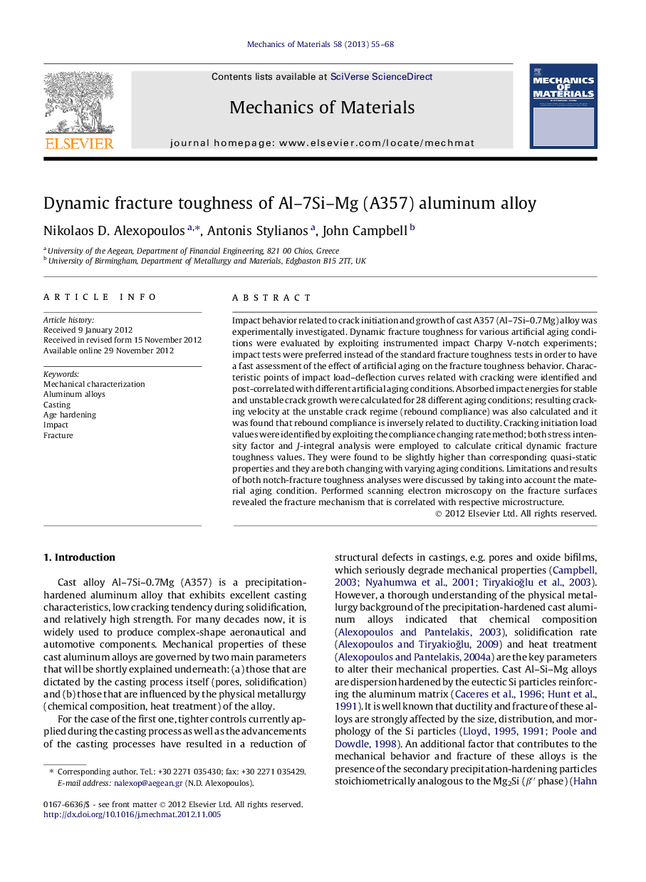 Dynamic fracture toughness of Al–7Si–Mg (A357) aluminum alloy