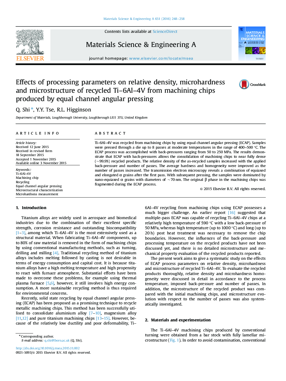 Effects of processing parameters on relative density, microhardness and microstructure of recycled Ti-6Al-4V from machining chips produced by equal channel angular pressing