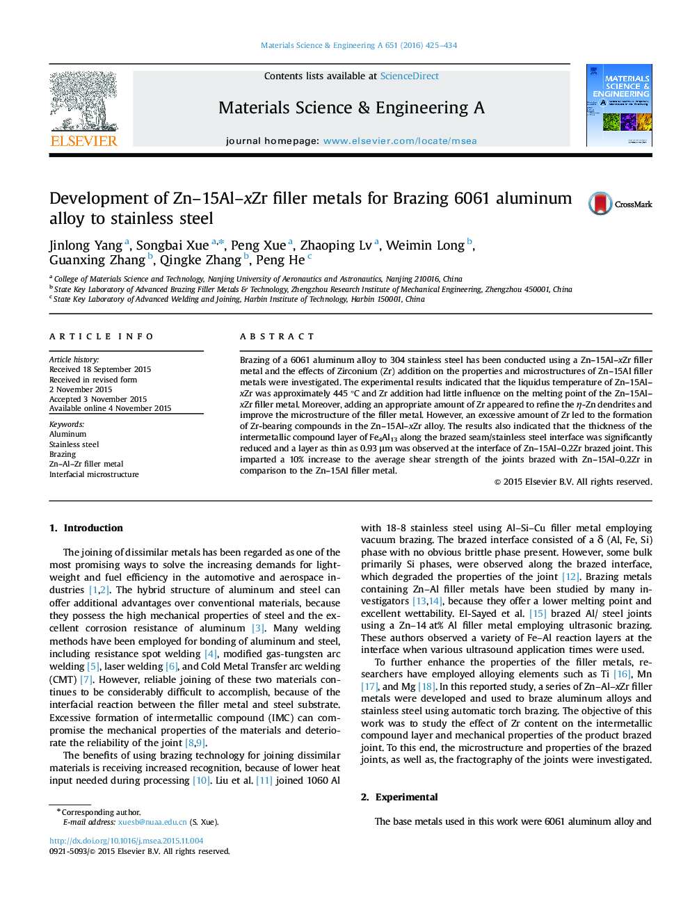 Development of Zn-15Al-xZr filler metals for Brazing 6061 aluminum alloy to stainless steel