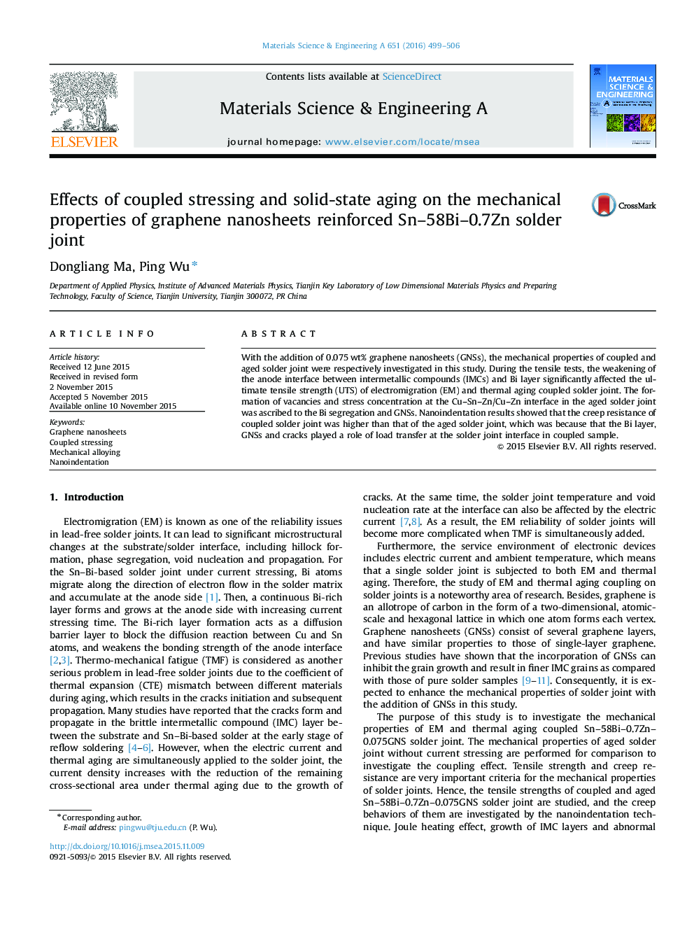 Effects of coupled stressing and solid-state aging on the mechanical properties of graphene nanosheets reinforced Sn-58Bi-0.7Zn solder joint