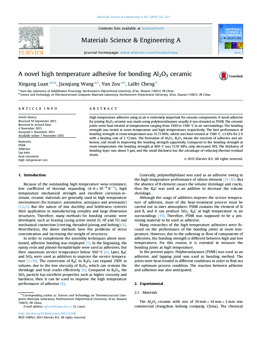 A novel high temperature adhesive for bonding Al2O3 ceramic