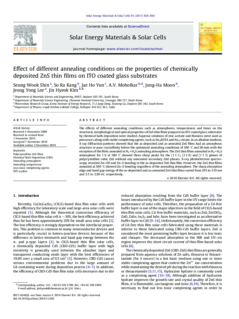 Effect of different annealing conditions on the properties of chemically deposited ZnS thin films on ITO coated glass substrates