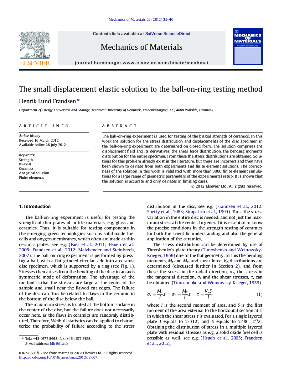 The small displacement elastic solution to the ball-on-ring testing method