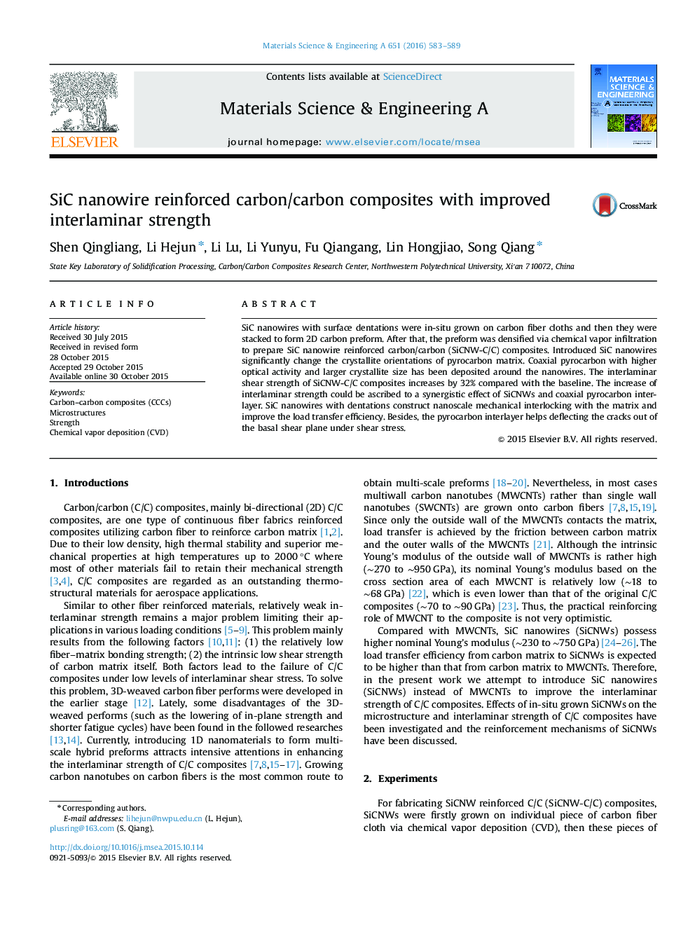 SiC nanowire reinforced carbon/carbon composites with improved interlaminar strength