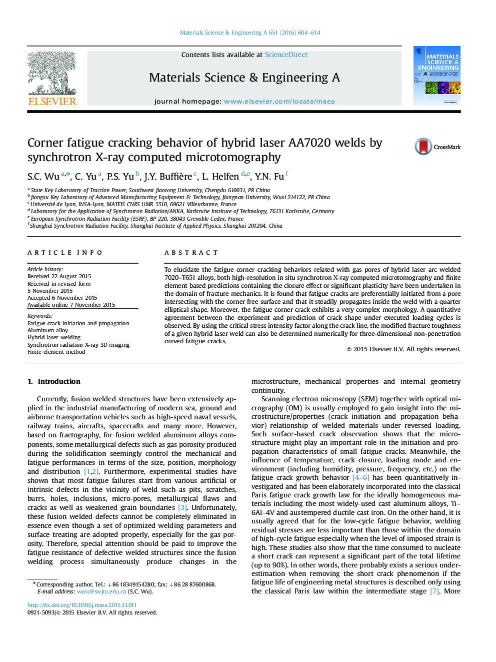 Corner fatigue cracking behavior of hybrid laser AA7020 welds by synchrotron X-ray computed microtomography