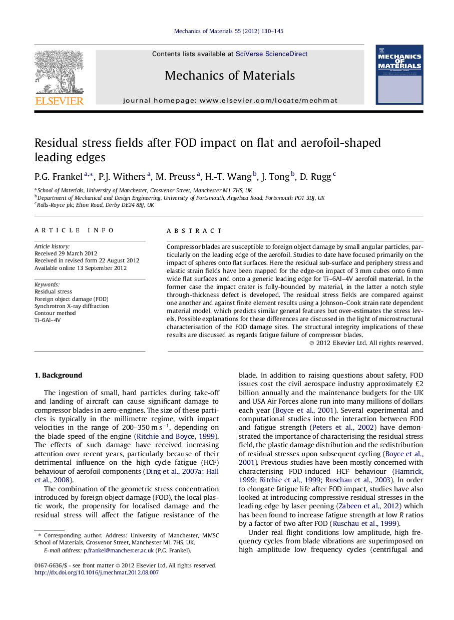 Residual stress fields after FOD impact on flat and aerofoil-shaped leading edges