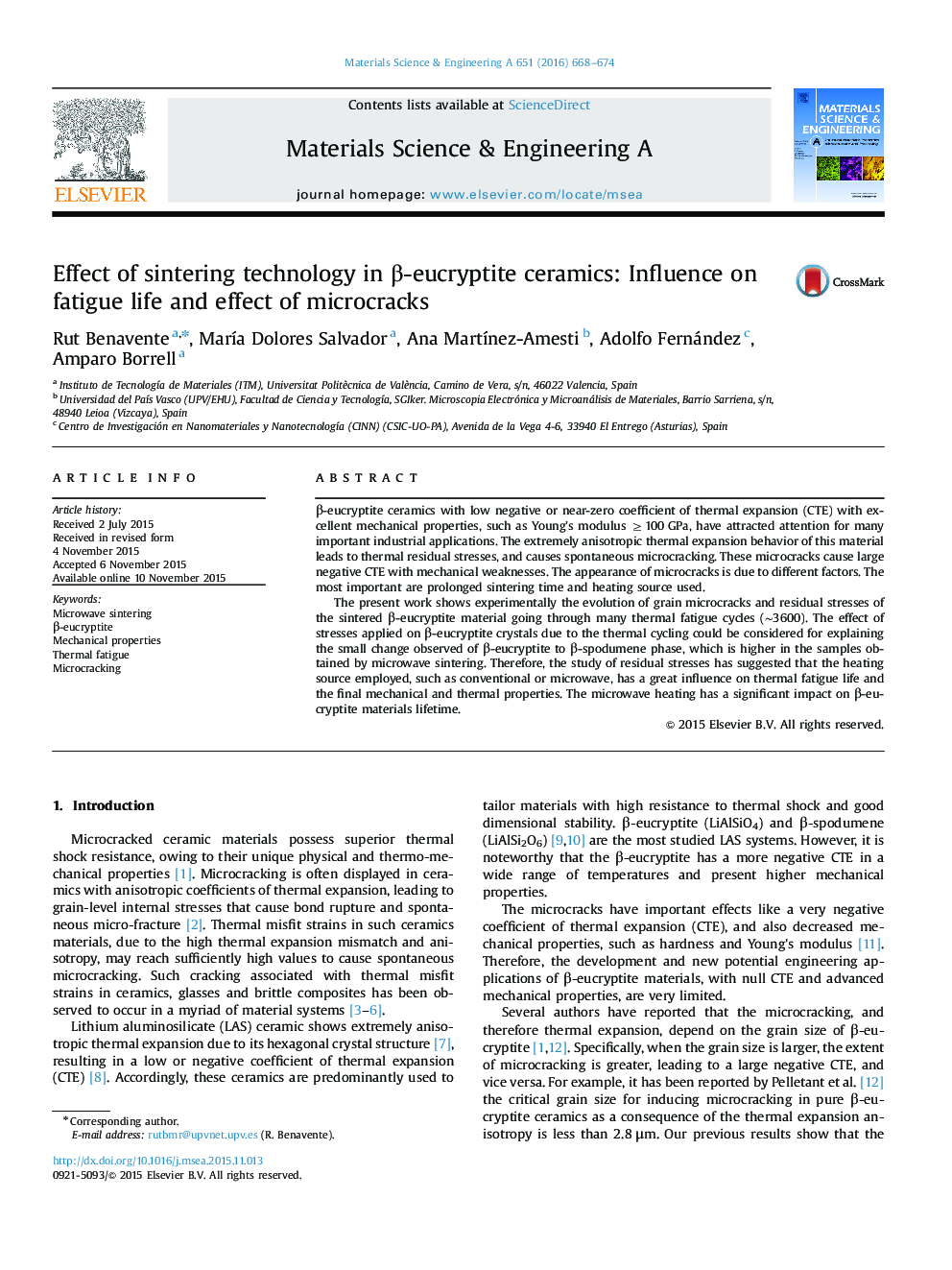 Effect of sintering technology in Î²-eucryptite ceramics: Influence on fatigue life and effect of microcracks