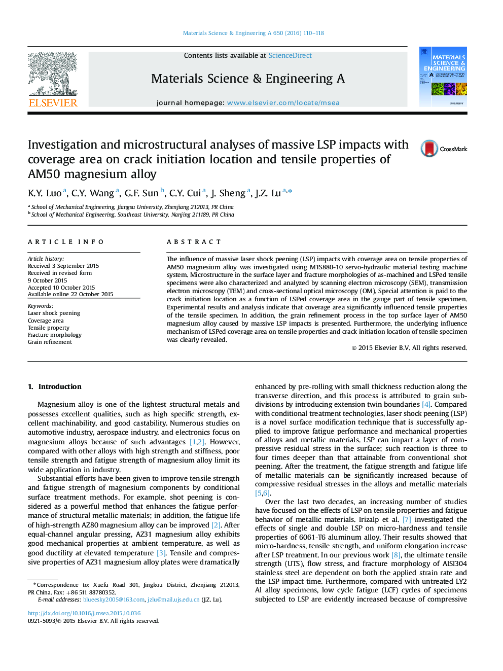 Investigation and microstructural analyses of massive LSP impacts with coverage area on crack initiation location and tensile properties of AM50 magnesium alloy