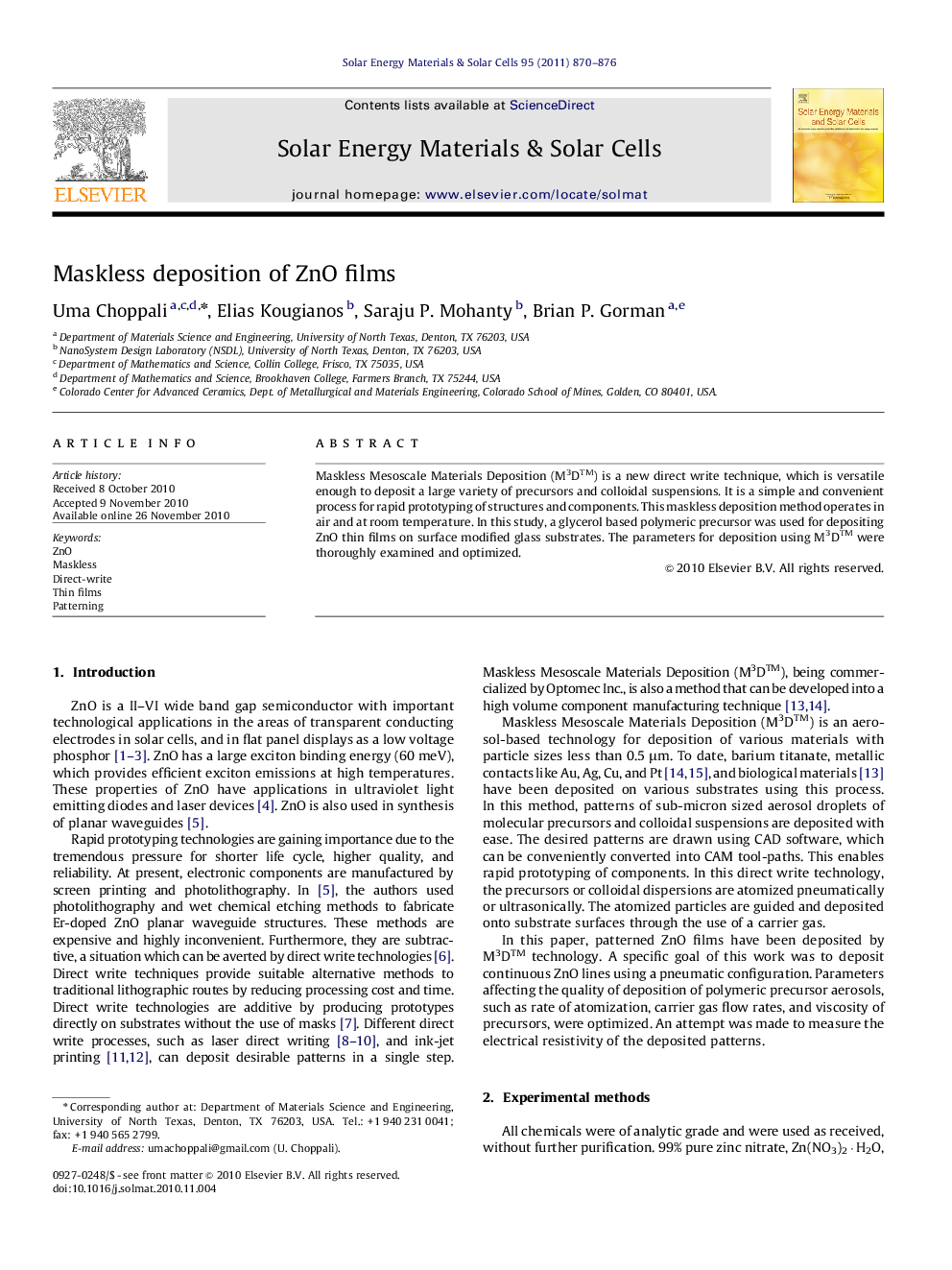 Maskless deposition of ZnO films