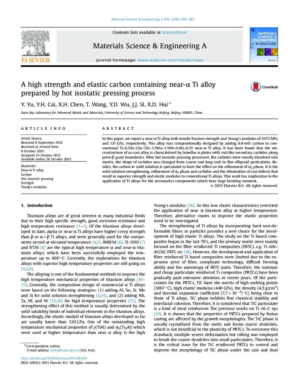 A high strength and elastic carbon containing near-Î± Ti alloy prepared by hot isostatic pressing process