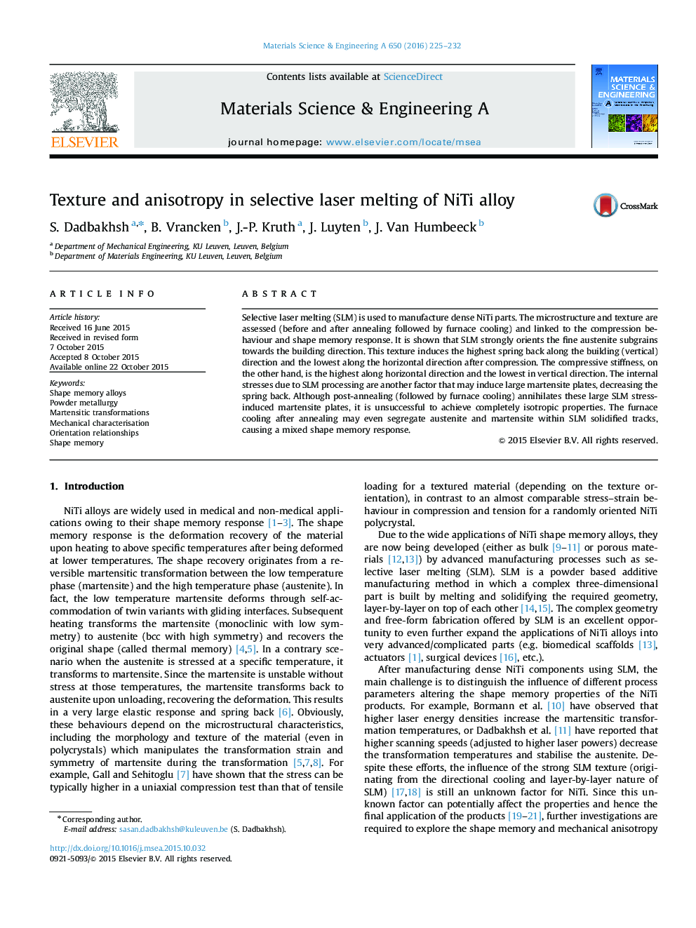 Texture and anisotropy in selective laser melting of NiTi alloy