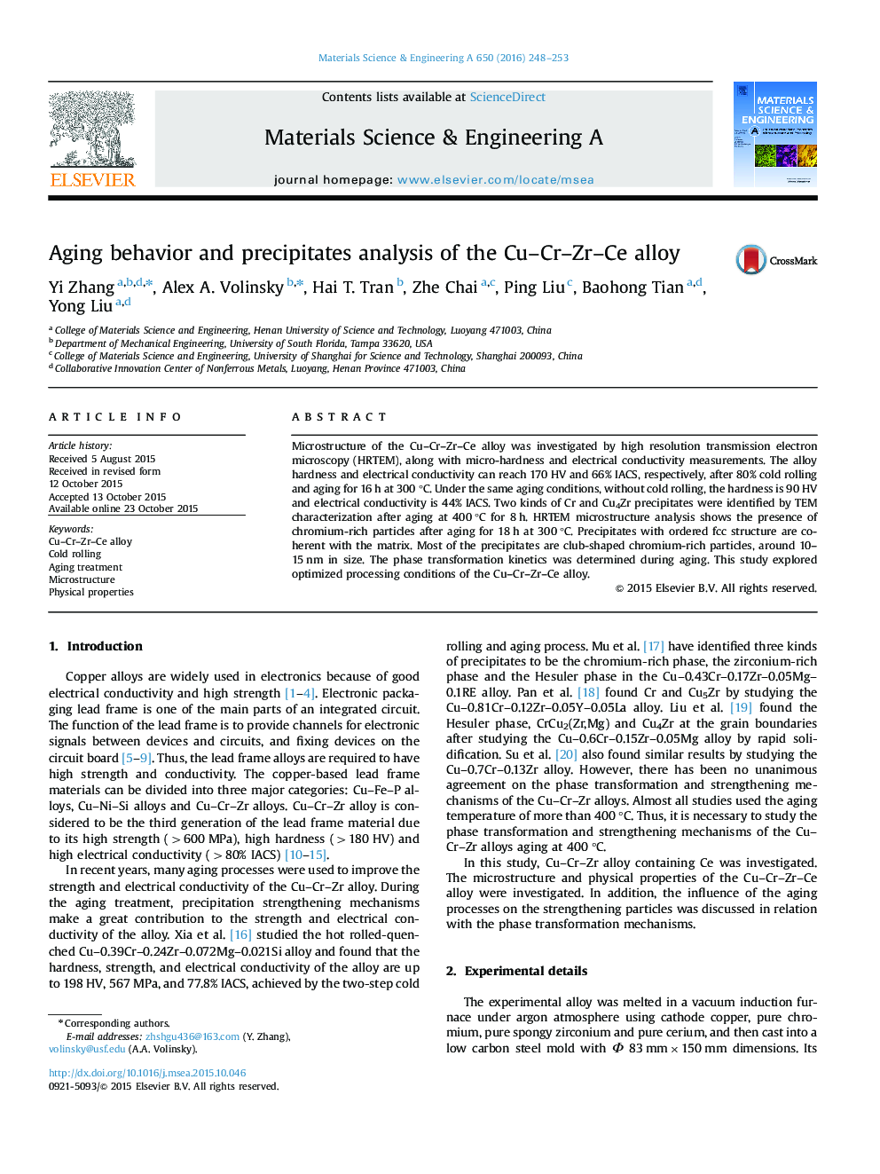 Aging behavior and precipitates analysis of the Cu-Cr-Zr-Ce alloy