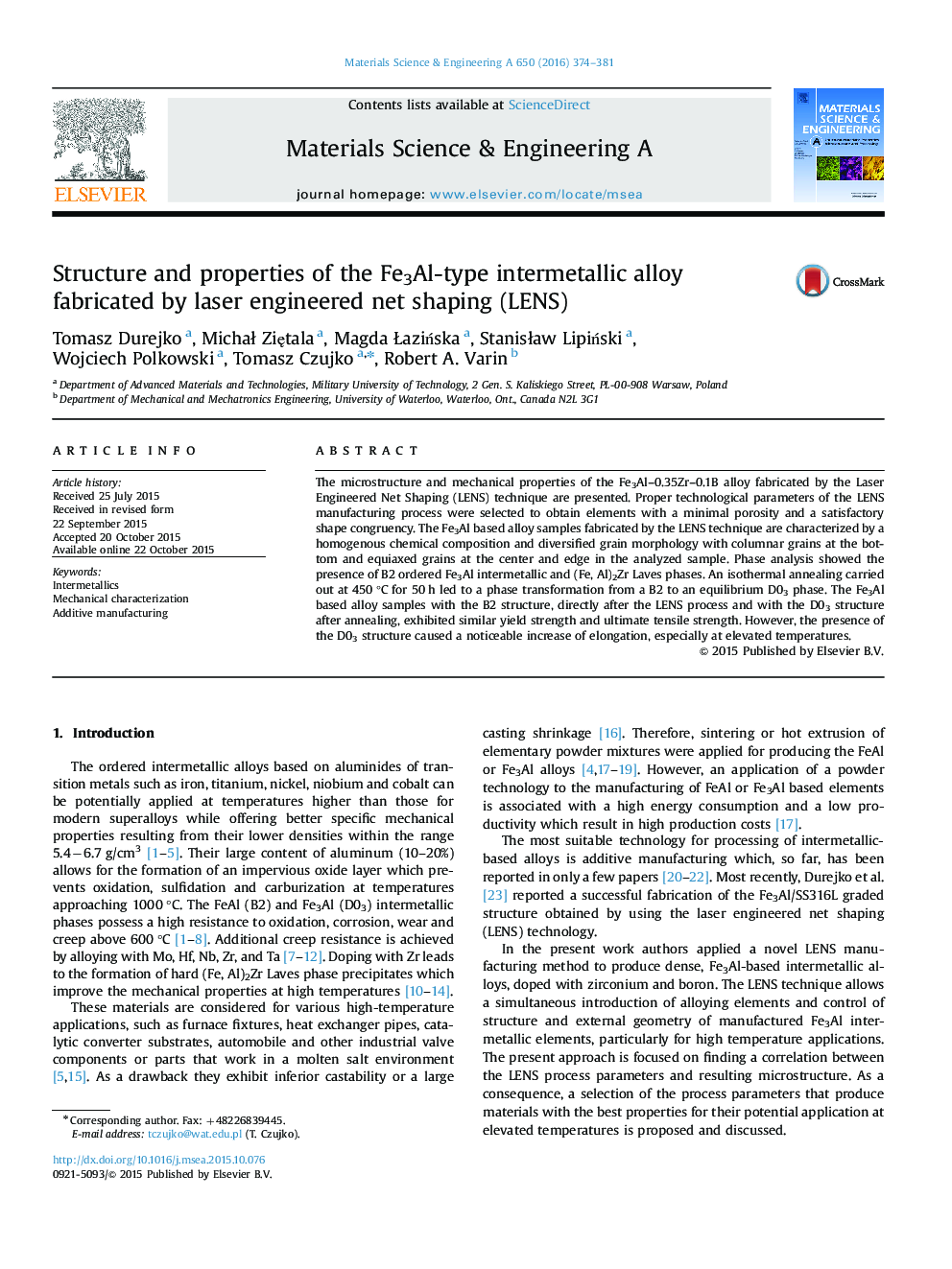 Structure and properties of the Fe3Al-type intermetallic alloy fabricated by laser engineered net shaping (LENS)