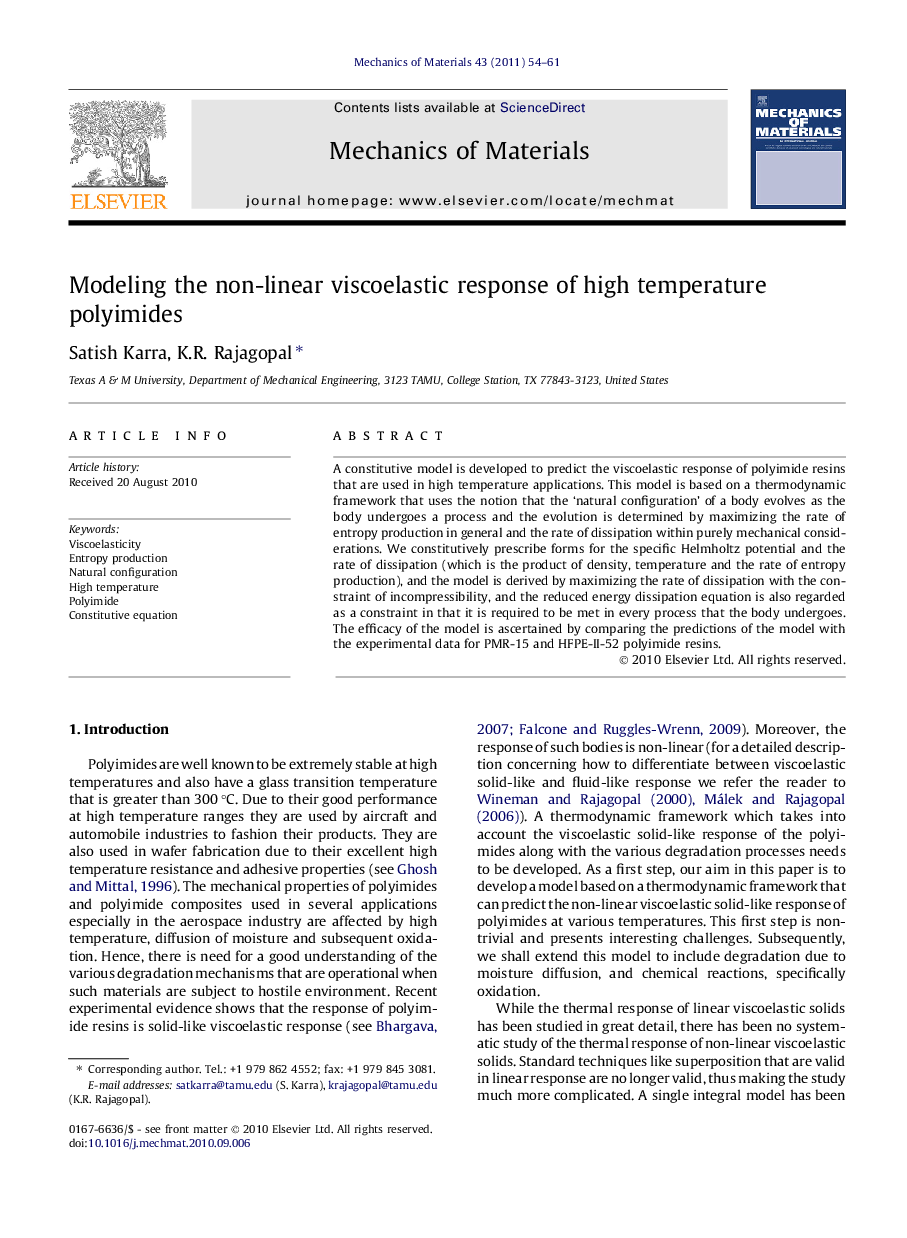 Modeling the non-linear viscoelastic response of high temperature polyimides