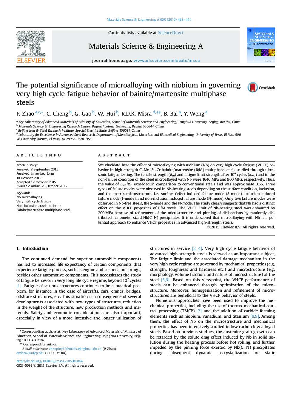 The potential significance of microalloying with niobium in governing very high cycle fatigue behavior of bainite/martensite multiphase steels