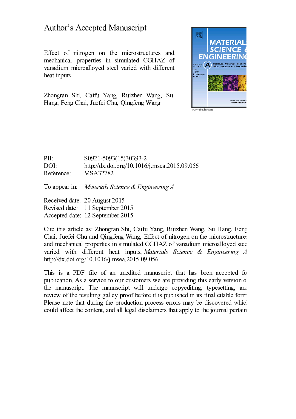 Effect of nitrogen on the microstructures and mechanical properties in simulated CGHAZ of vanadium microalloyed steel varied with different heat inputs