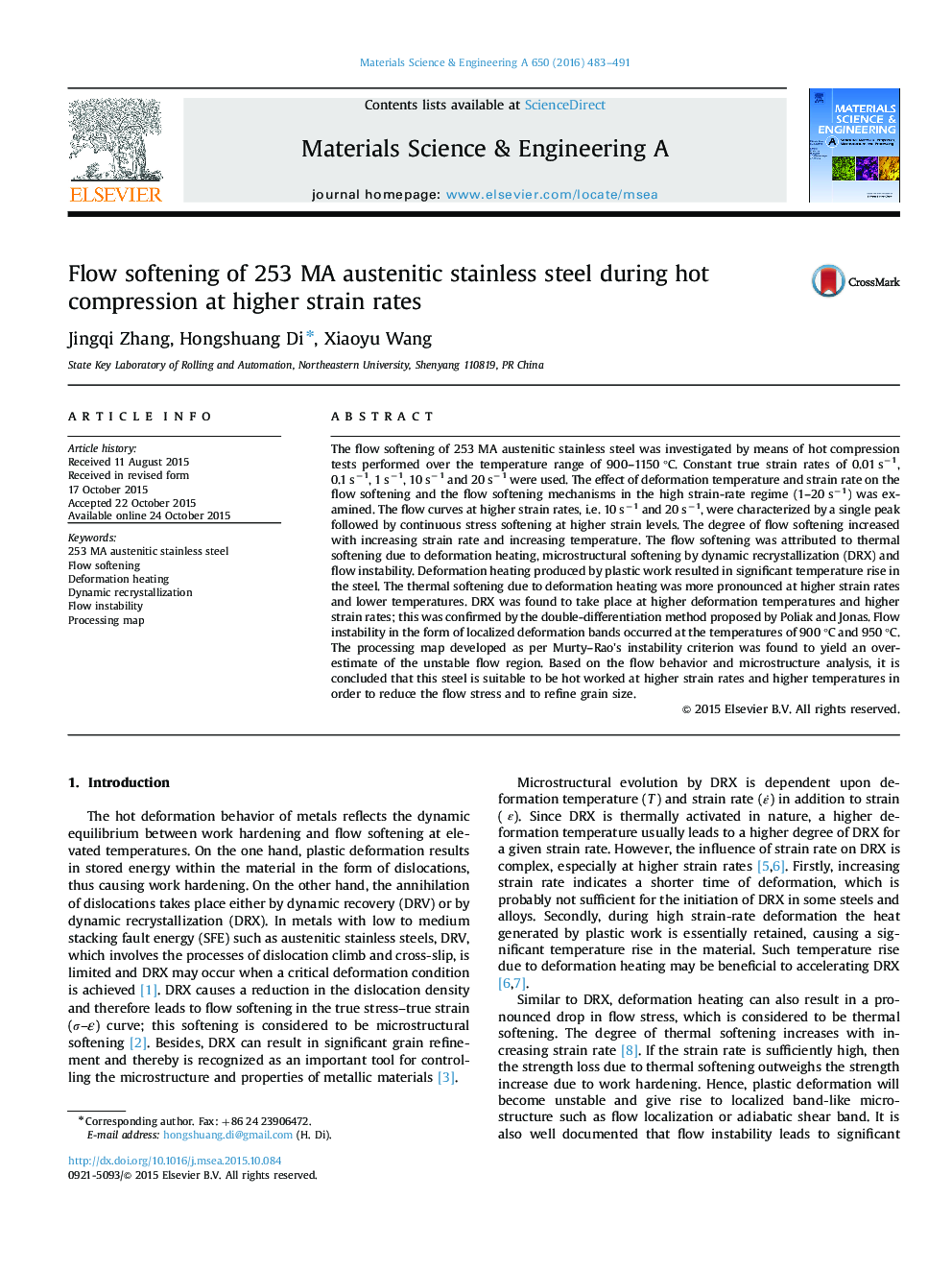 Flow softening of 253 MA austenitic stainless steel during hot compression at higher strain rates