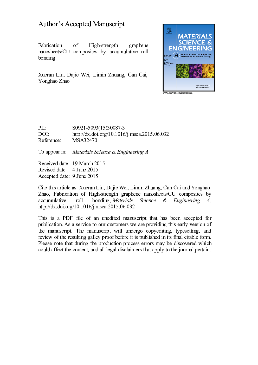 Fabrication of high-strength graphene nanosheets/Cu composites by accumulative roll bonding