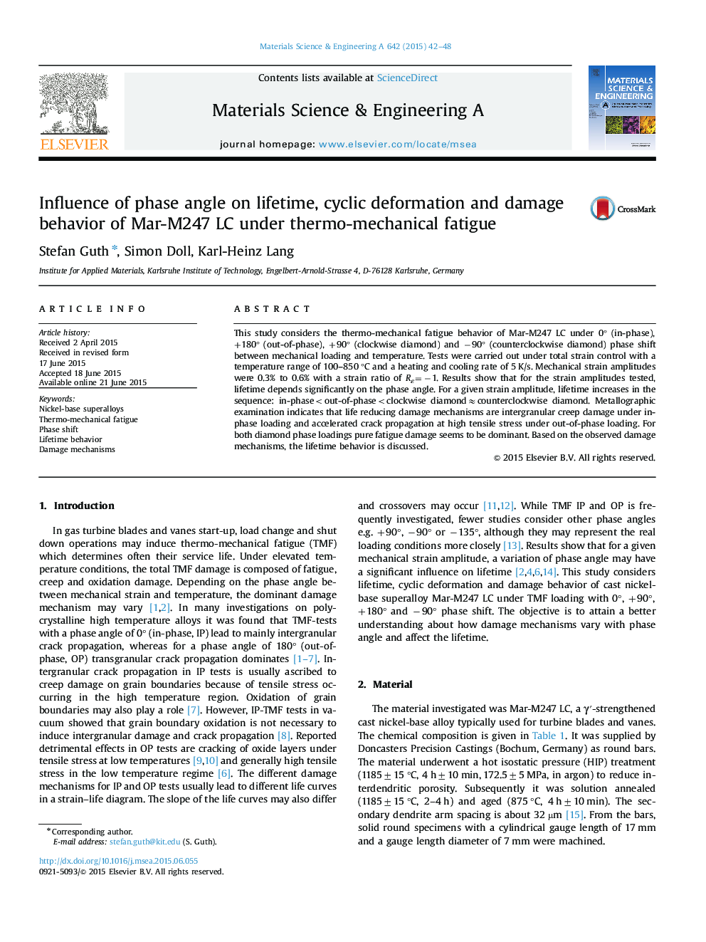 Influence of phase angle on lifetime, cyclic deformation and damage behavior of Mar-M247 LC under thermo-mechanical fatigue