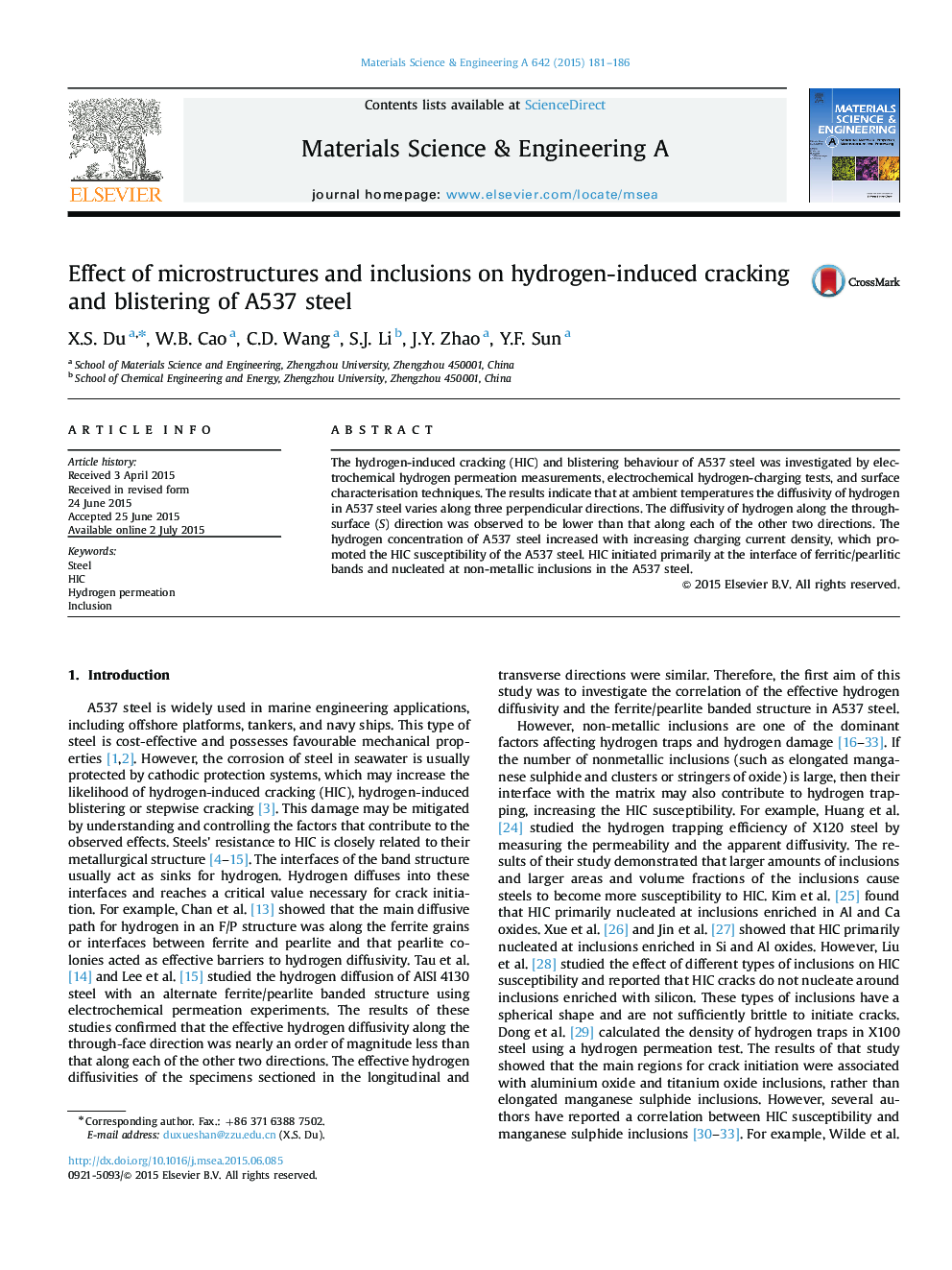 Effect of microstructures and inclusions on hydrogen-induced cracking and blistering of A537 steel