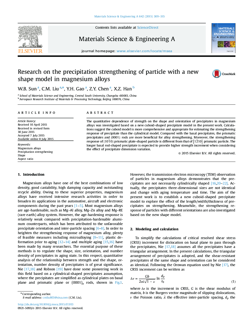 Research on the precipitation strengthening of particle with a new shape model in magnesium alloys