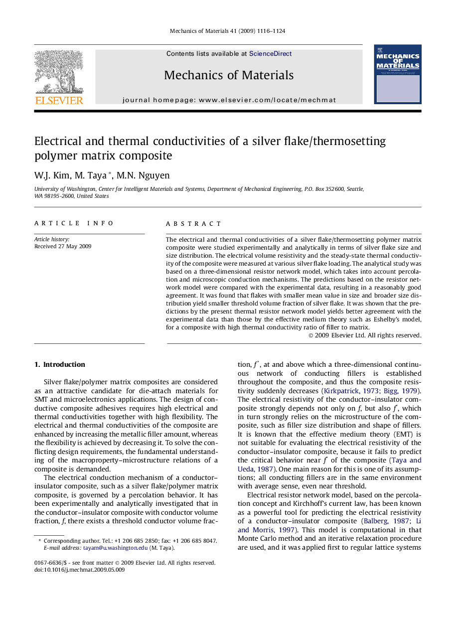 Electrical and thermal conductivities of a silver flake/thermosetting polymer matrix composite