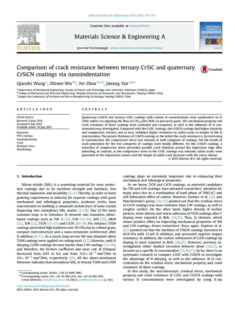 Comparison of crack resistance between ternary CrSiC and quaternary CrSiCN coatings via nanoindentation