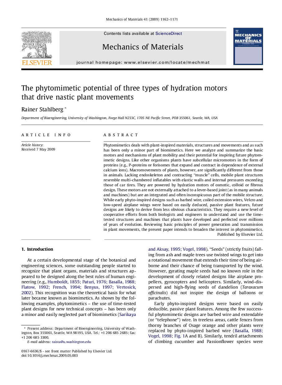 The phytomimetic potential of three types of hydration motors that drive nastic plant movements