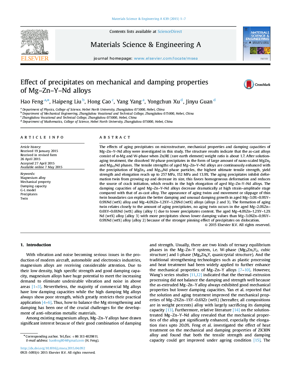 Effect of precipitates on mechanical and damping properties of Mg-Zn-Y-Nd alloys