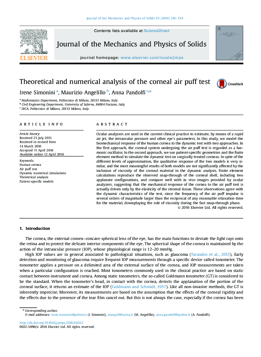 Theoretical and numerical analysis of the corneal air puff test