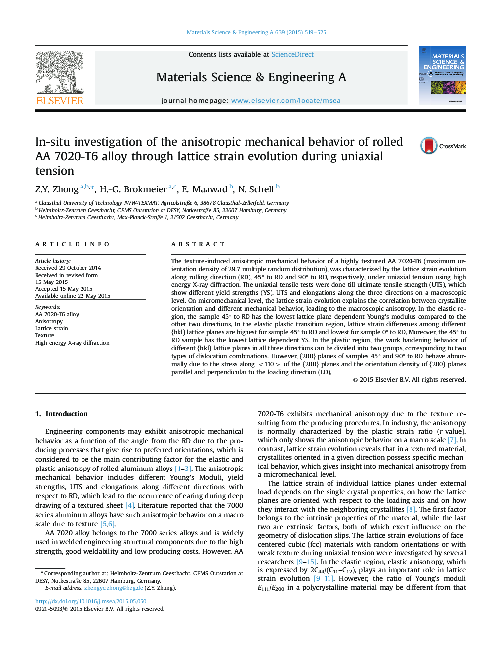 In-situ investigation of the anisotropic mechanical behavior of rolled AA 7020-T6 alloy through lattice strain evolution during uniaxial tension