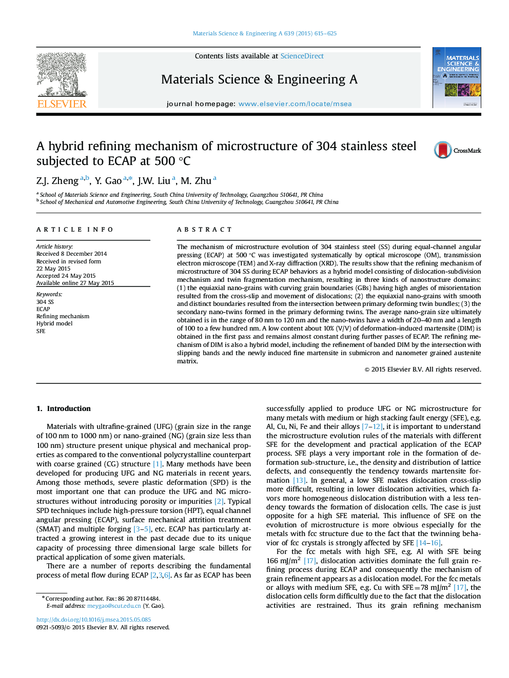 A hybrid refining mechanism of microstructure of 304 stainless steel subjected to ECAP at 500Â Â°C