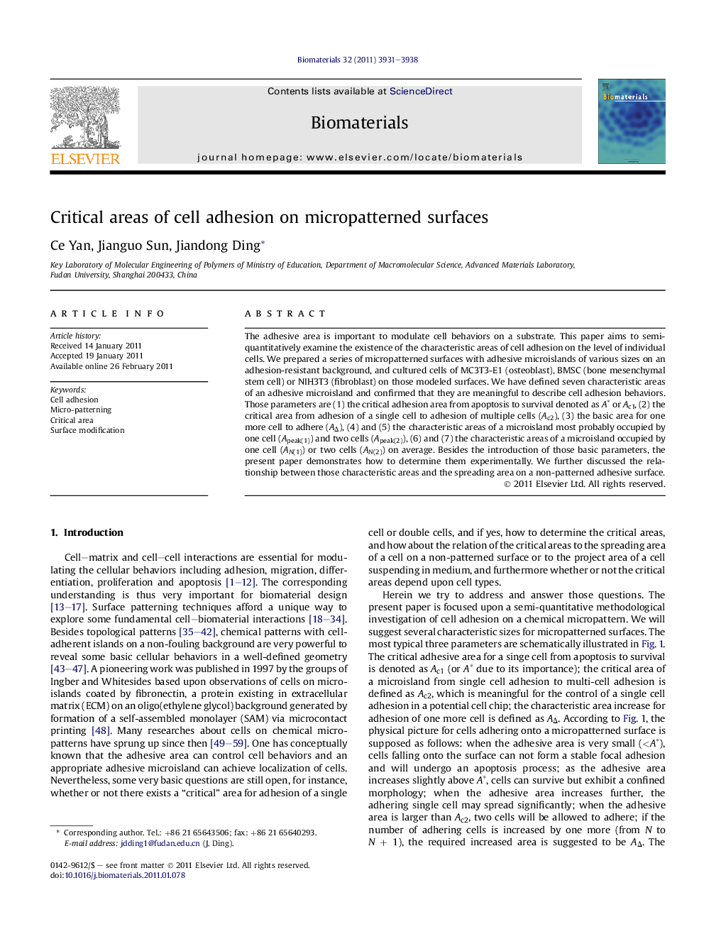 Critical areas of cell adhesion on micropatterned surfaces