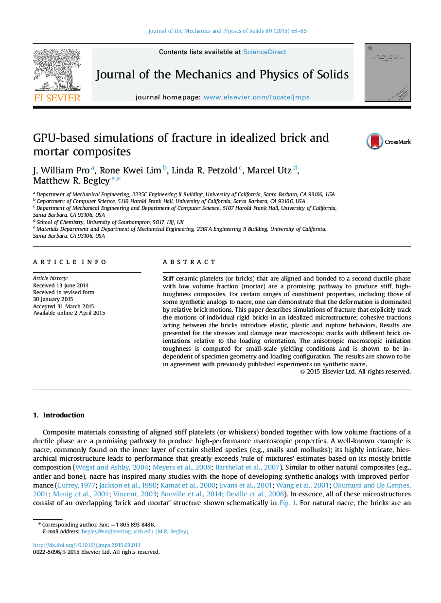 GPU-based simulations of fracture in idealized brick and mortar composites